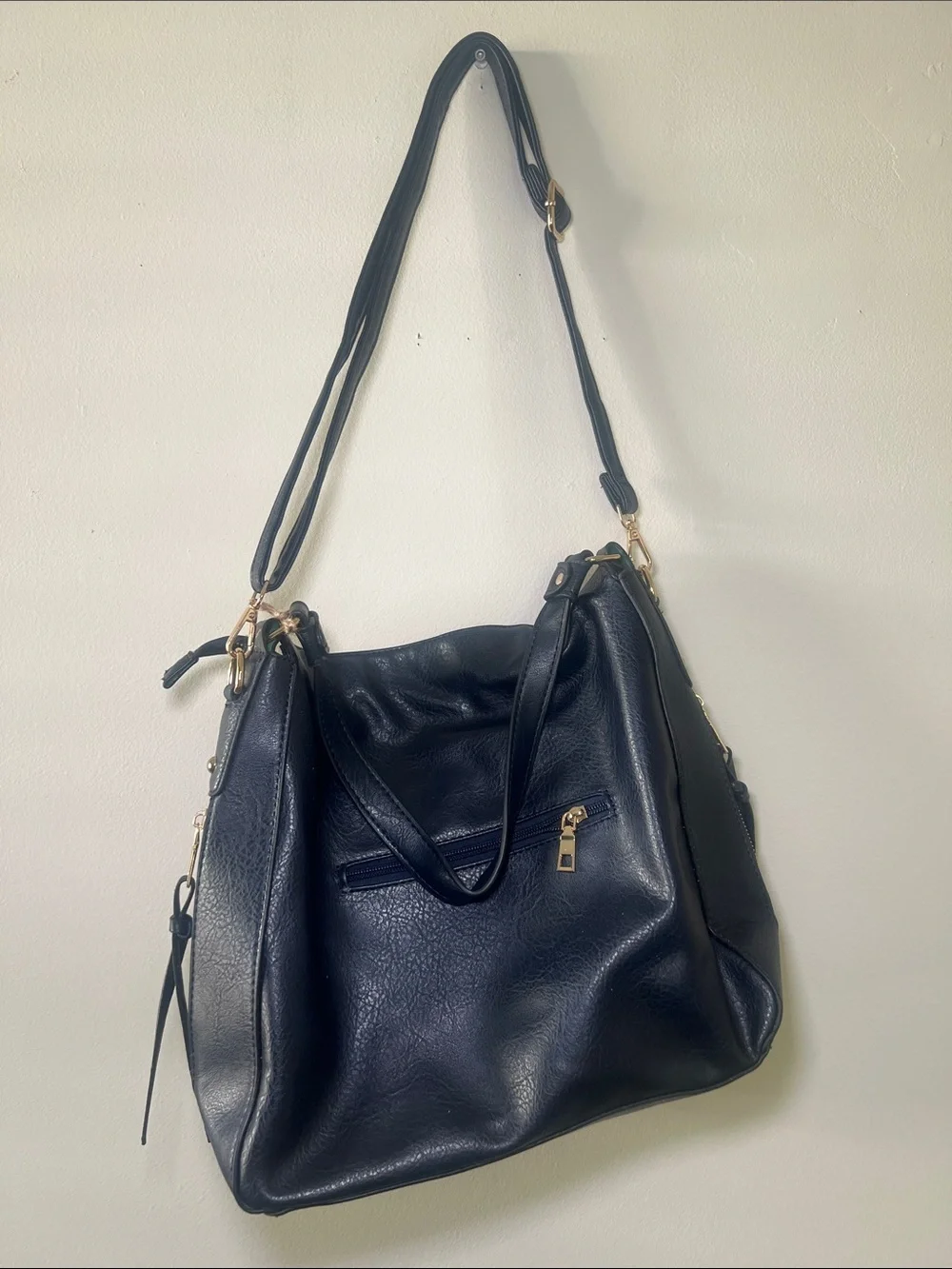 Navy Leather Shoulder Bag with Gold Hardware - Women's